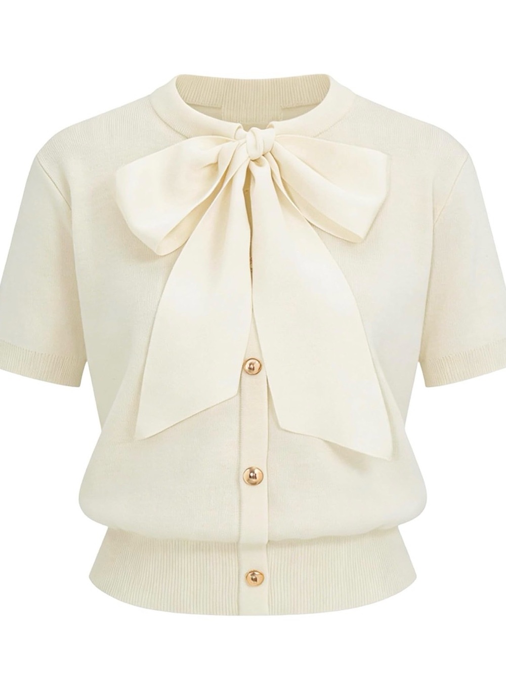Cream Bow-Tie Short Sleeve Knit Top Small